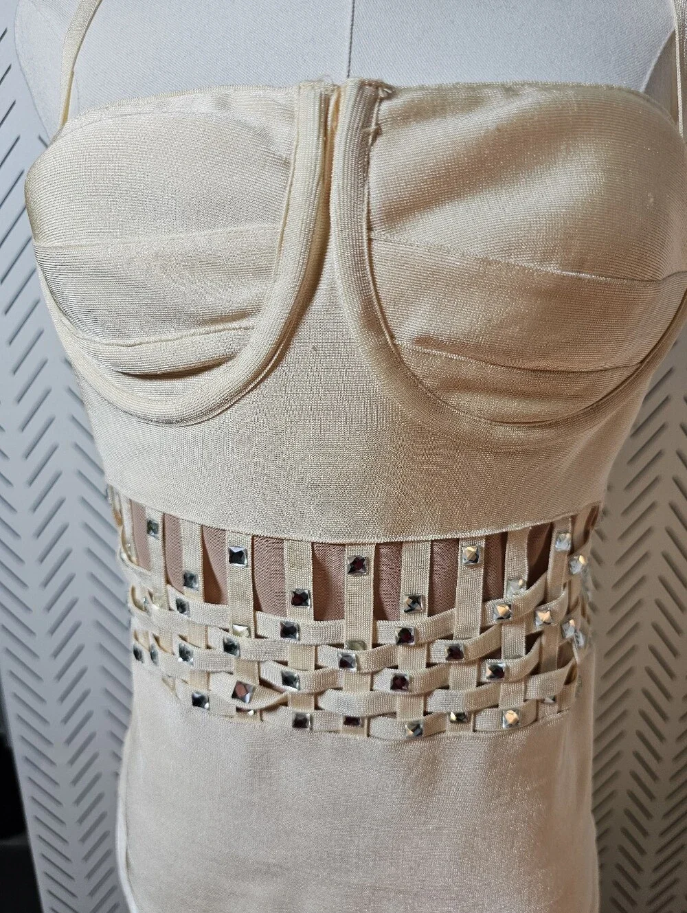 Fashion Nova Cream Strappy Midi Dress with Woven Rhinestone Waistband - Picture 3 of 11